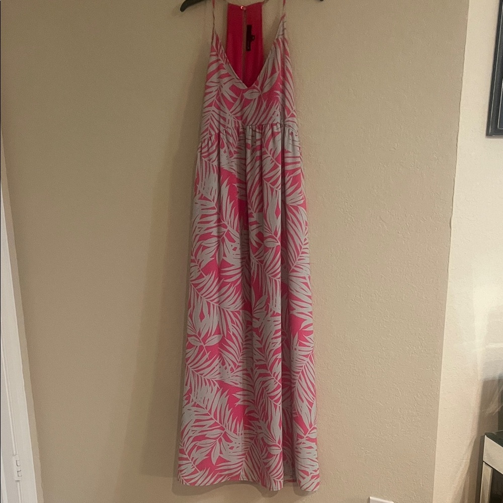 Gibson Pink and Gray Leaf Print Sleeveless Maxi Dress
